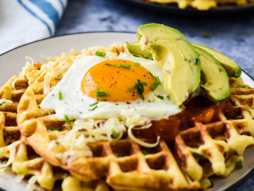 Savoury Breakfast Waffles - Served with eggs, bacon, avocado & maple cream sauce