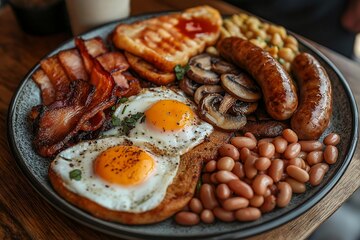 Classic Full English Breakfast -2 Eggs, 2 Bacon, 2 Sausages, Mushrooms, 2 Hash Browns, Baked Beans,.